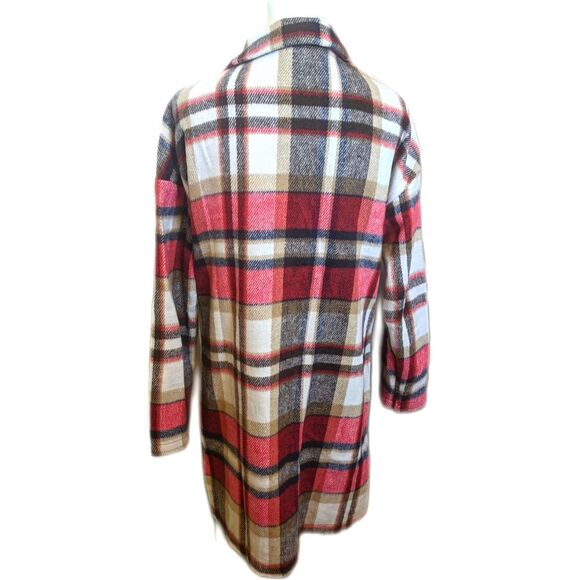 Automet long plaid shacket, button up jacket, flannel, red black cream, M - Picture 3 of 8